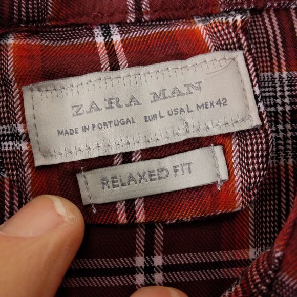 Zara Man shirt mens L Large red plaid relaxed fit long sleeve button cotton - Picture 5 of 7